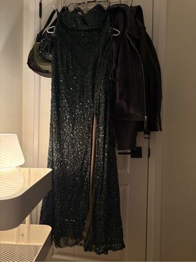 Scala Dark Green Sequin Strapless Prom Dress with Leg Slit